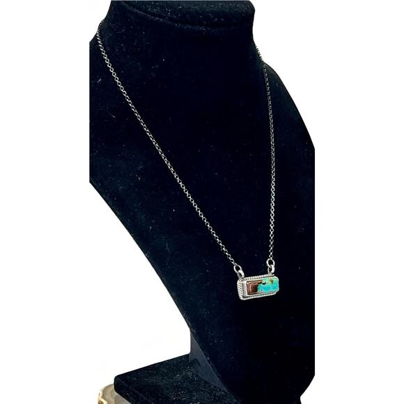 Navajo Kingman Turquoise Dixon Sterling Silver Bar Necklace 17" by J Dixon 6.9g - Picture 3 of 16